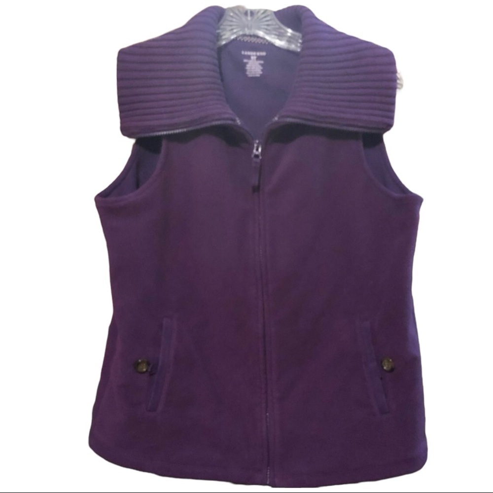 𝅺LANDS End Purple Wine Zippered Vest Sweater Collar Sort Polyester Body Size S